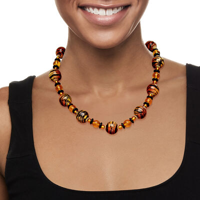 Italian Tiger-Print Murano Glass Bead Necklace with 18kt Gold Over Sterling