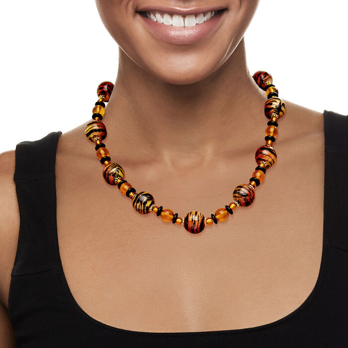 Italian Tiger-Print Murano Glass Bead Necklace with 18kt Gold Over Sterling 18-inch