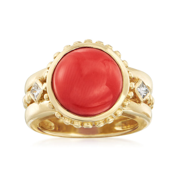 C. 1990 Vintage 12m Coral and .20 ct. t.w. Diamond Ring in 18kt Yellow Gold