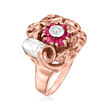 C. 1940 Vintage .60 ct. t.w. Synthetic Ruby Flower Ring with Diamond Accent in 14kt Rose Gold