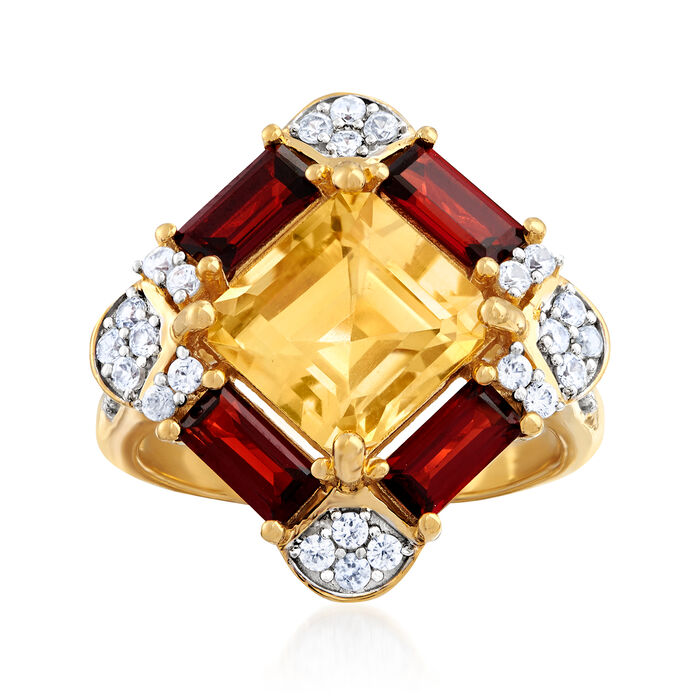 2.50 Carat Citrine, 1.30 ct. t.w. Garnet and .50 ct. t.w. White Zircon Ring in 18kt Gold Over Steling