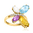 Moonstone and 4.20 ct. t.w. Multi-Gemstone Butterfly Ring with .12 ct. t.w. Diamonds in 14kt Yellow Gold