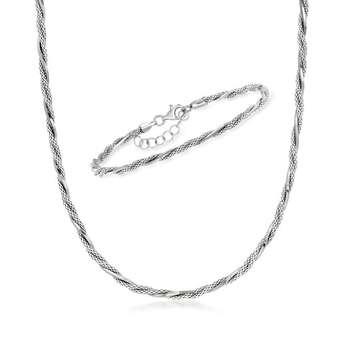 Italian Sterling Silver Jewelry Set: Twisted Popcorn and Square-Snake Link Bracelet and Necklace