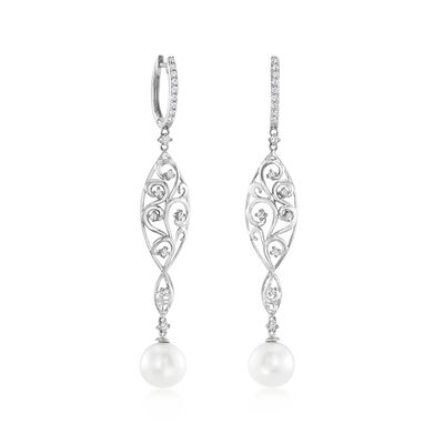 8-8.5mm Cultured Pearl and .37 ct. t.w. Diamond Drop Earrings in 14kt White Gold