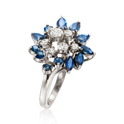 C. 1980 Vintage 2.85 ct. t.w. Sapphire and 1.05 ct. t.w. Diamond Cluster Ring in 14kt White Gold