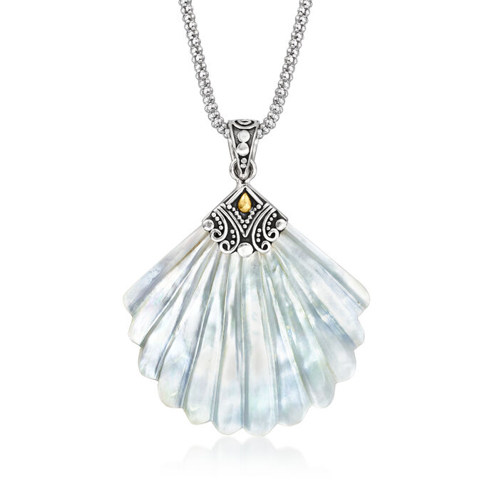 Mother-of-Pearl Bali-Style Shell Pendant Necklace in Sterling Silver with 18kt Yellow Gold