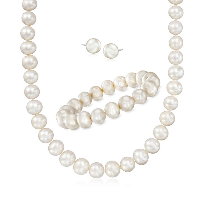 11-11.5mm Cultured Pearl Jewelry Set: Earrings, Bracelet and Necklace in Sterling Silver