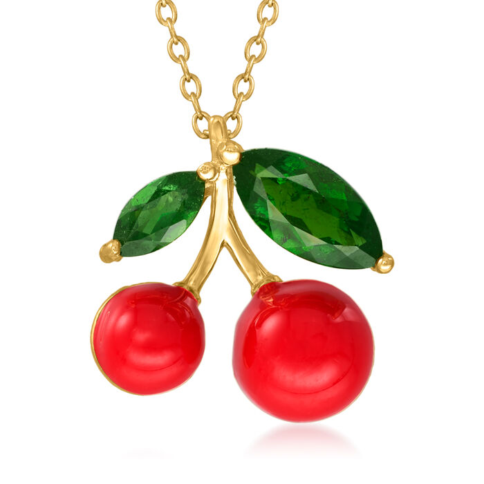 1.00 ct. t.w. Chrome Diopside and Red Enamel Cherry Pendant Necklace in 18kt Gold Over Sterling