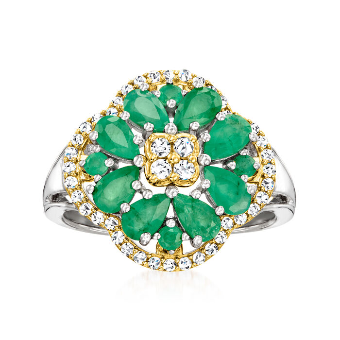 1.30 ct. t.w. Emerald and .40 ct. t.w. White Zircon Flower Ring in Sterling Silver and 14kt Yellow Gold