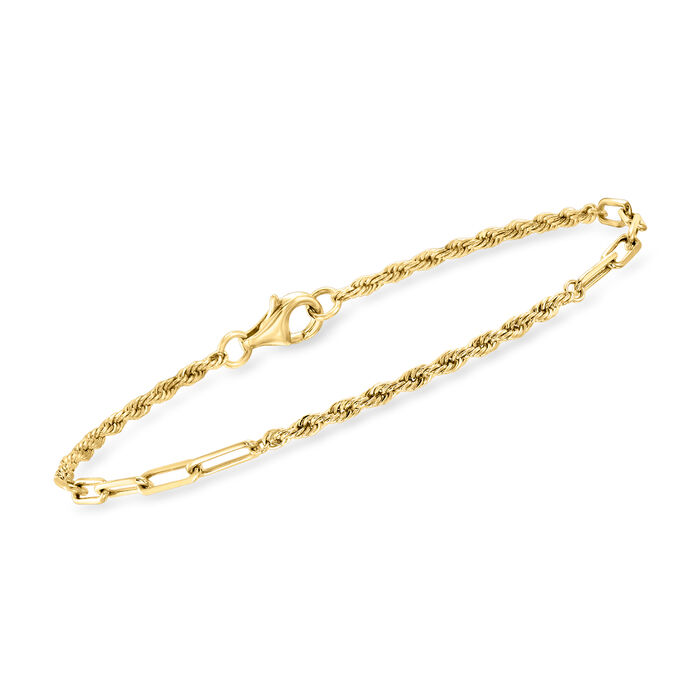 14kt Yellow Gold Alternating Rope-Chain and Paper Clip Link Bracelet