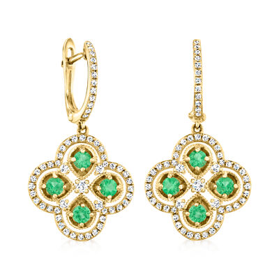 .50 ct. t.w. Emerald and .54 ct. t.w. Diamond Drop Earrings in 14kt Yellow Gold