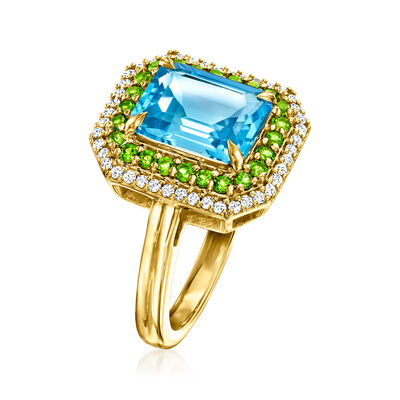 3.60 Carat Swiss Blue Topaz and .30 ct. t.w. Chrome Diopside Ring with .20 ct. t.w. White Zircon in 18kt Gold Over Sterling