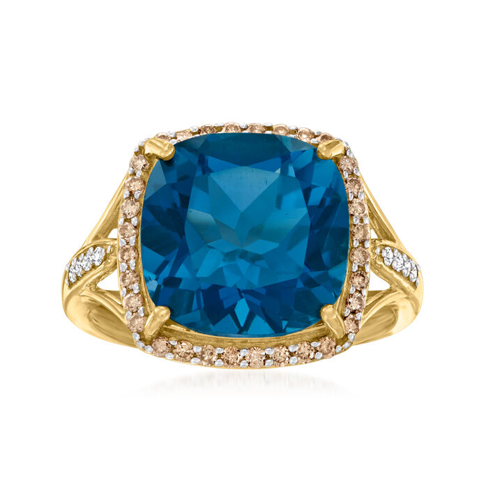 11.00 Carat London Blue Topaz and .25 ct. t.w. Brown Diamond Ring in 14kt Yellow Gold
