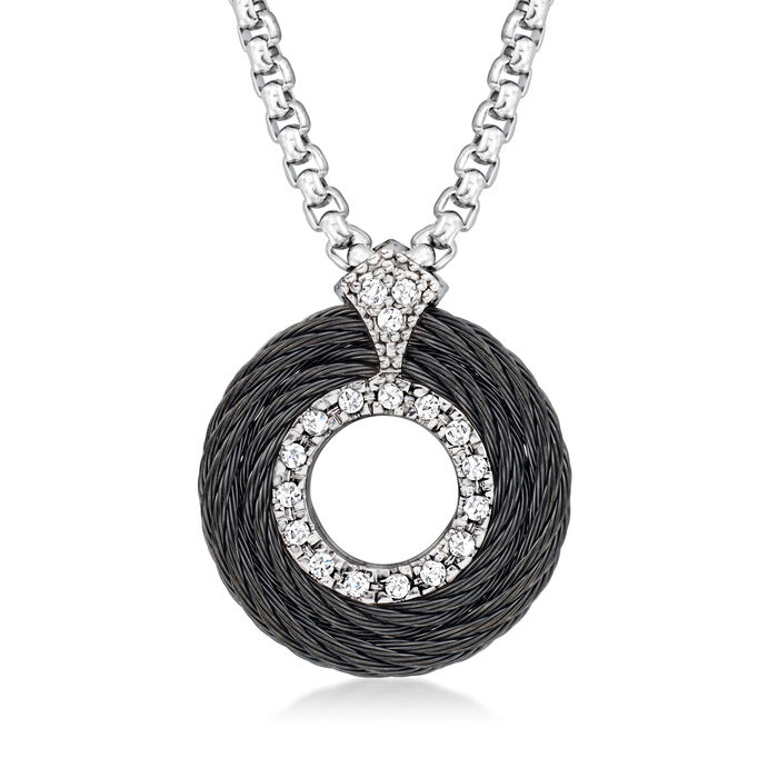 ALOR Black and White Stainless Steel Cable Circle Necklace with .15 ct. t.w. Diamonds in 14kt White Gold