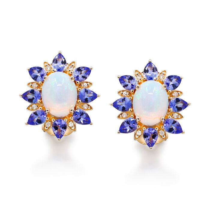 Ethiopian Opal and 2.10 ct. t.w. Tanzanite Earrings with Diamond Accents in 14kt Yellow Gold