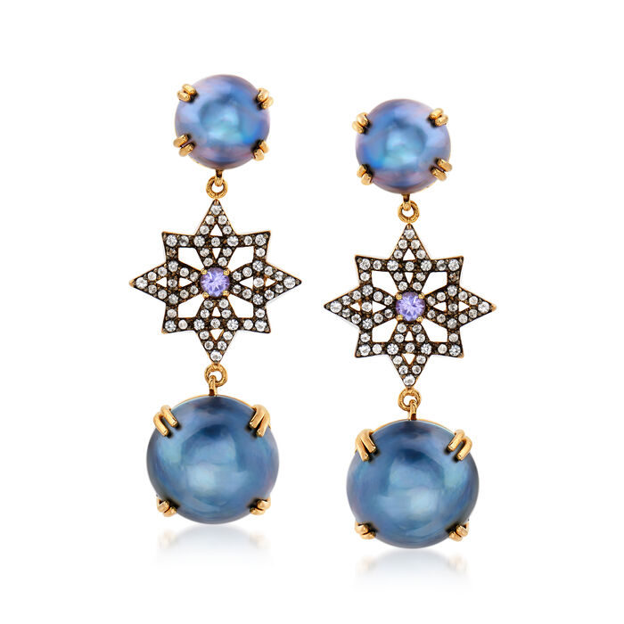 Mabe Pearl, .80 ct. t.w. White Topaz and .30 ct. t.w. Tanzanite Drop Earrings in 18kt Gold Over Sterling 