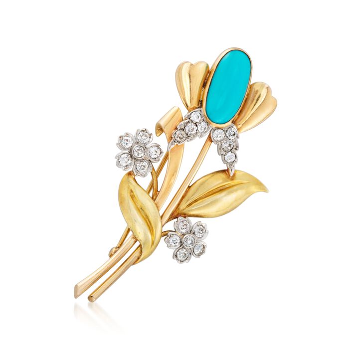 C. 1950 Vintage Tiffany Jewelry Turquoise and 1.60 ct. t.w. Diamond Floral Pin in 18kt Yellow Gold