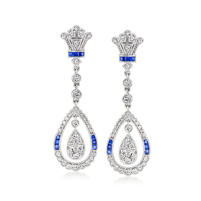 C. 2000 Vintage .71 ct. t.w. Diamond and .31 ct. t.w. Sapphire Drop Earrings in 14kt White Gold