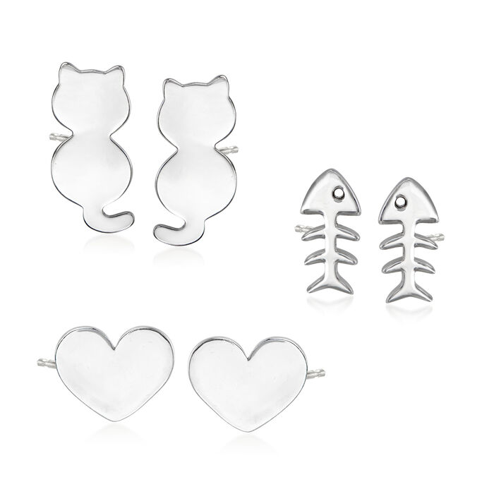 Sterling Silver Jewelry Set: Three Pairs of Cat Stud Earrings