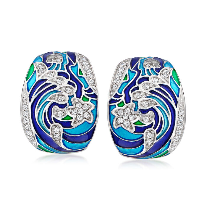 Belle Etoile &quot;Ocean Wave&quot; Multicolored Enamel Earrings with .60 ct. t.w. CZs in Sterling Silver