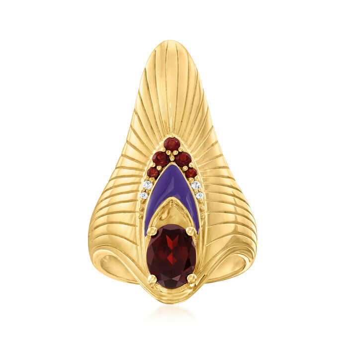 1.30 ct. t.w. Garnet, .10 ct. t.w. White Topaz and Purple Enamel Art Deco-Inspired Ring in 18kt Gold Over Sterling