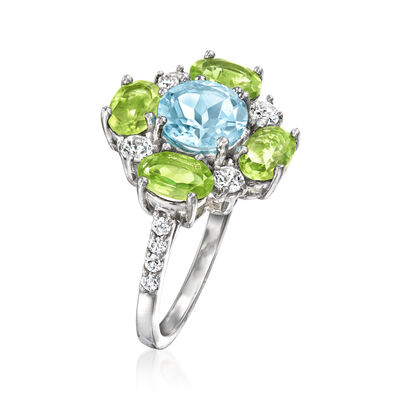 1.30 Carat Sky Blue Topaz and 1.60 ct. t.w. Peridot Ring with .40 ct. t.w. White Topaz in Sterling Silver