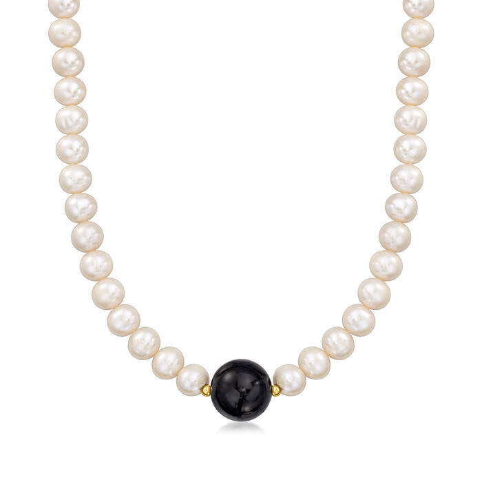 16mm Onyx Bead and 8-8.5mm Cultured Pearl Necklace with 14kt Yellow Gold