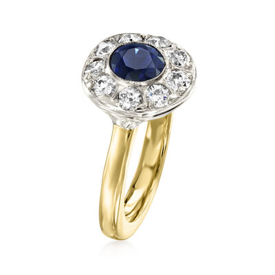 C. 1940 Vintage .90 Carat Sapphire and .55 ct. t.w. Diamond Ring in 14kt Yellow Gold