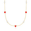 6.5-7mm Cultured Pearl and Red Enamel Heart Station Necklace in 18kt Gold Over Sterling