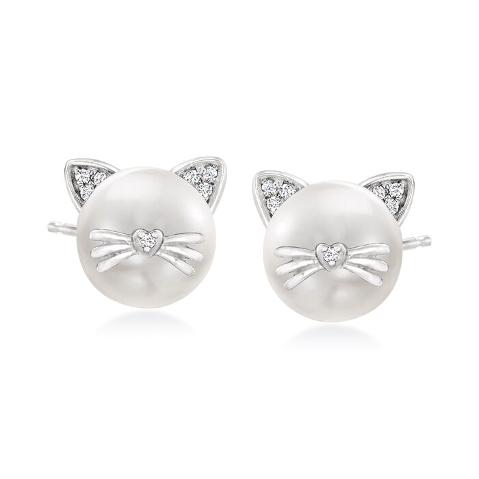 8-8.5mm Cultured Pearl Cat Earrings with Diamond Accents in Sterling Silver