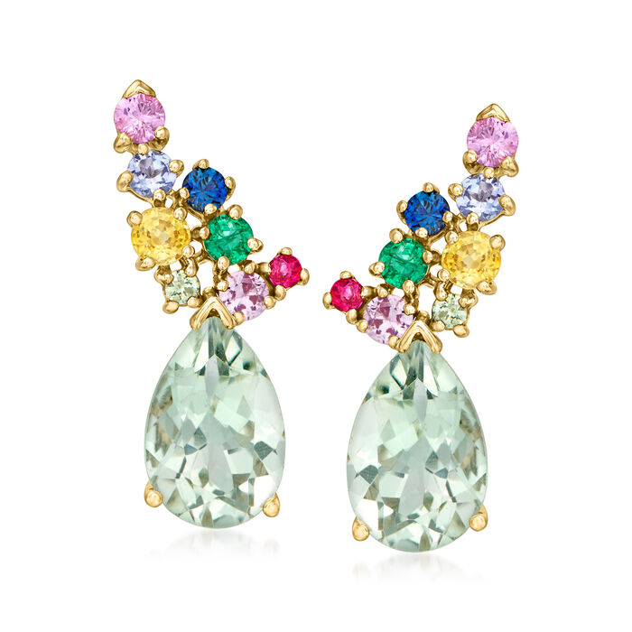 6.00 ct. t.w. Prasiolite and 1.79 ct. t.w. Multi-Gemstone Drop Earrings in 14kt Yellow Gold