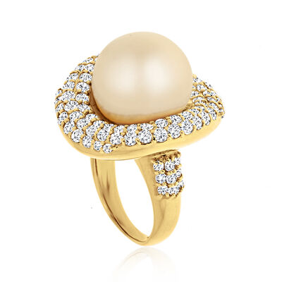 14-14.5mm Golden Cultured South Sea Pearl Ring with 2.75 ct. t.w. Diamonds in 18kt Yellow Gold