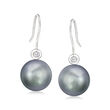 11-12mm Black Cultured Tahitian Pearl Drop Earrings with Diamond Accents in 18kt White Gold