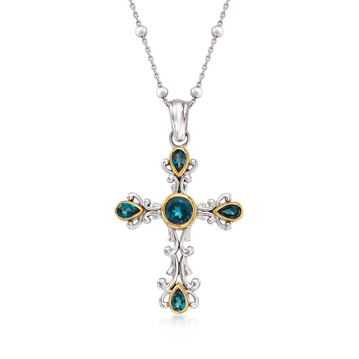 2.00 ct. t.w. London Blue Topaz Cross Pendant Necklace in Sterling Silver and 14kt Yellow Gold