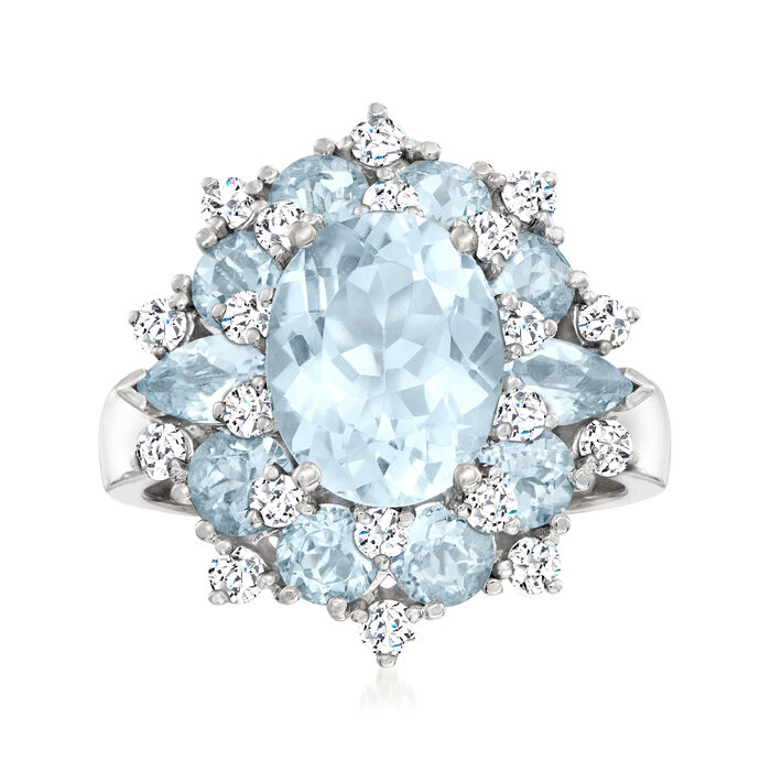 4.20 ct. t.w. Aquamarine and .55 ct. t.w. Diamond Cluster Ring in 14kt White Gold