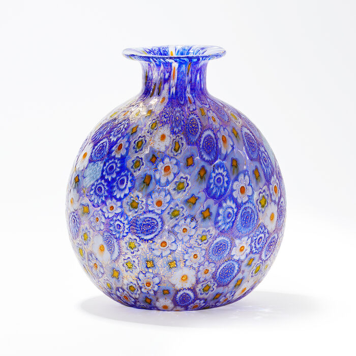 Italian Blue Floral Murano Glass Millefiori Domed Vase