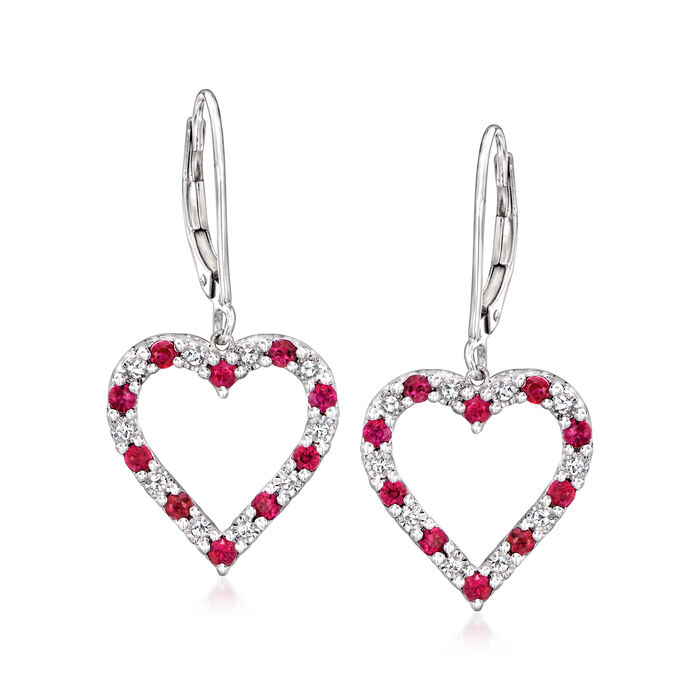 .90 ct. t.w. Ruby and .10 ct. t.w. Diamond Heart Drop Earrings in Sterling Silver