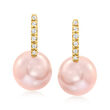 8-8.5mm Pink Cultured Pearl Huggie Hoop Drop Earrings with Diamond Accents in 14kt Yellow Gold