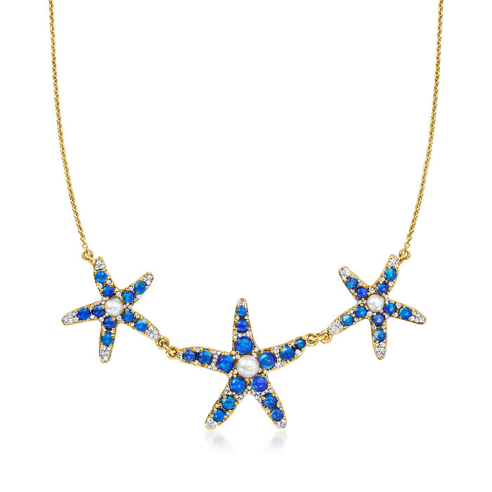 4-5mm Cultured Pearl and 2.5-4mm Black Opal Starfish Necklace with 1.10 ct. t.w. White Topaz in 18kt Gold Over Sterling
