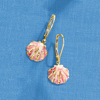 Italian Pink and White Enamel Seashell Drop Earrings in 14kt Yellow Gold