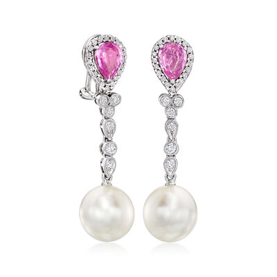 C. 1990 Vintage 11mm Cultured Pearl, 2.10 ct. t.w. Pink Sapphire and .80 ct. t.w. Diamond Drop Earrings in 18kt White Gold