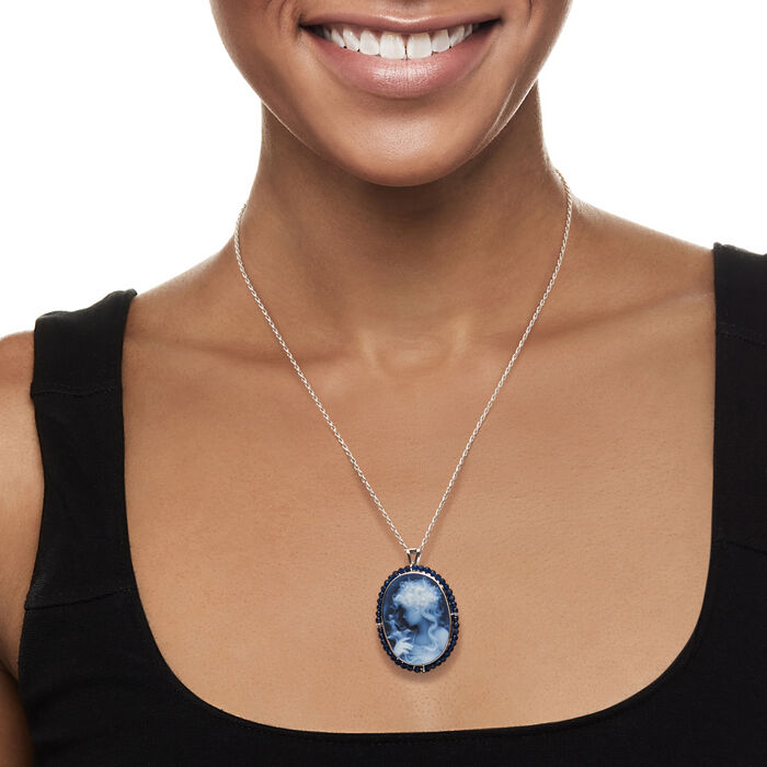 Italian Blue Agate Girl with Fairy Cameo Pin/Pendant with 2.30 ct. t.w. Blue Spinel in Sterling Silver Pendant