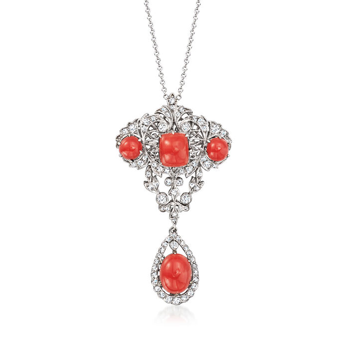 C. 1980 Vintage Red Coral Pendant Necklace with .90 ct. t.w. Diamonds in 14kt and 18kt White Gold