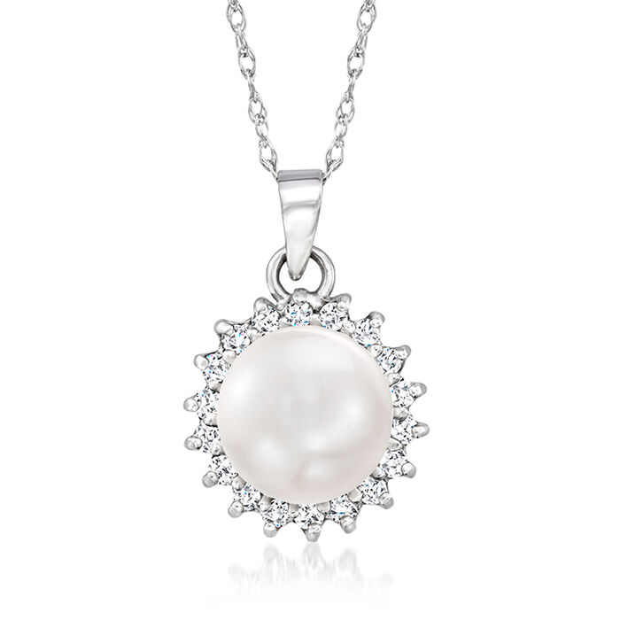 7-7.5mm Cultured Pearl and .12 ct. t.w. Diamond Pendant Necklace in 14kt White Gold