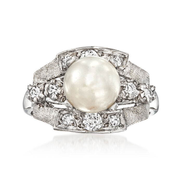 C. 1960 Vintage 8mm Cultured Pearl Ring with .25 ct. t.w. Diamonds in 14kt White Gold