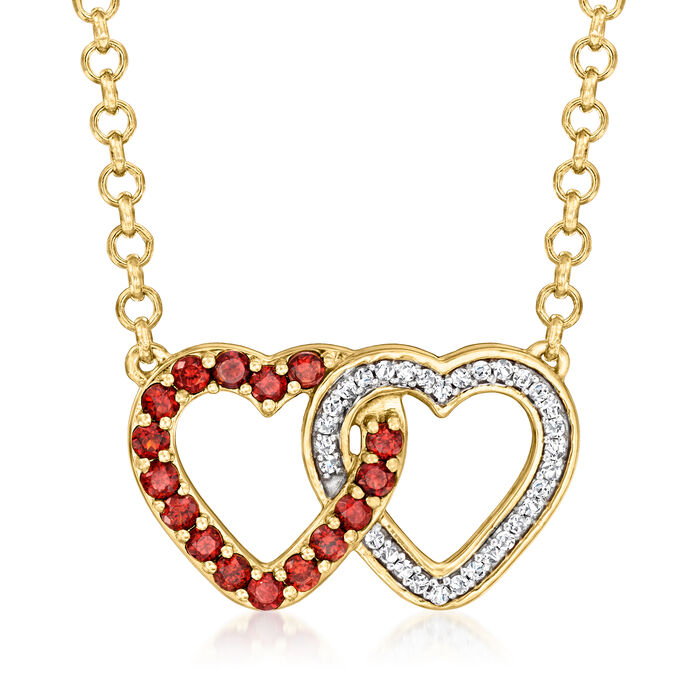 .60 ct. t.w. Garnet and .13 ct. t.w. Diamond Double-Heart Necklace in 18kt Gold Over Sterling