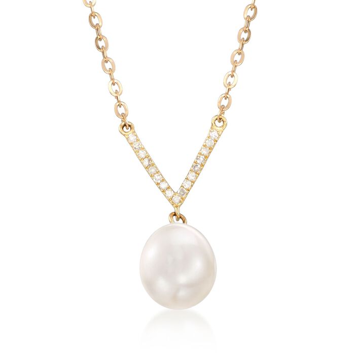 8-8.5mm Cultured Pearl V-Necklace with Diamond Accents in 18kt Yellow Gold