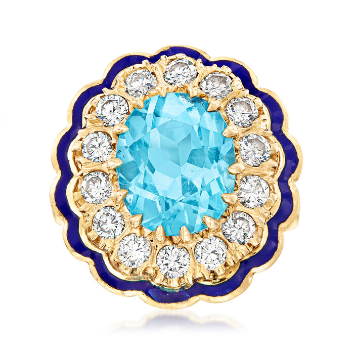 C. 1970 Vintage 6.30 Carat Swiss Blue Topaz and 1.25 ct. t.w. Diamond Cocktail Ring with Blue Enamel in 14kt Yellow Gold
