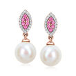8-8.5mm Cultured Pearl and .14. ct. t.w. Diamond Drop Earrings with .20 ct. t.w. Pink Sapphires in 14kt Rose Gold