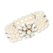 C. 1960 Vintage 6.5-7mm Cultured Pearl and .80 ct. t.w. Diamond Three-Row Bracelet in 14kt White Gold